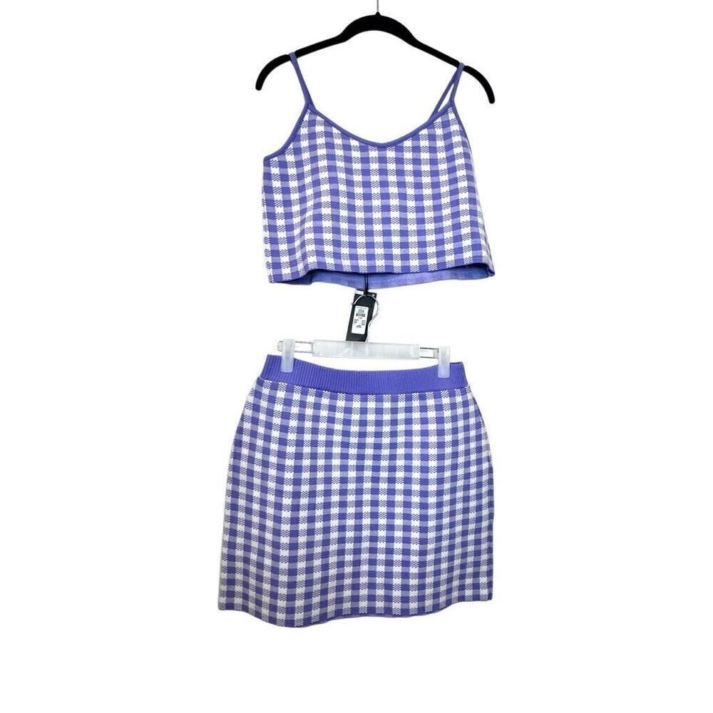 NWT Primark Gingham Check Co-ord Crop Tank & Mini Skirt Set Lilac White Large